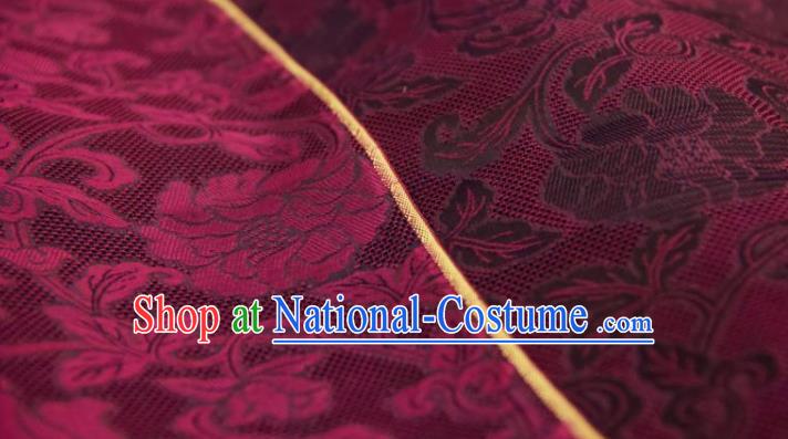 Chinese Traditional Twine Peony Pattern Design Wine Red Silk Fabric Asian China Hanfu Gambiered Guangdong Mulberry Silk Material