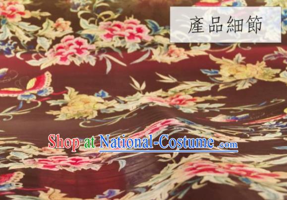 Chinese Traditional Peony Pattern Design Purplish Red Silk Fabric Asian China Hanfu Gambiered Guangdong Mulberry Silk Material