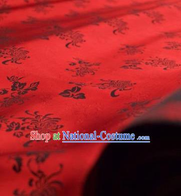 Chinese Traditional Black Chrysanthemum Pattern Design Red Silk Fabric Asian China Hanfu Jacquard Mulberry Silk Material