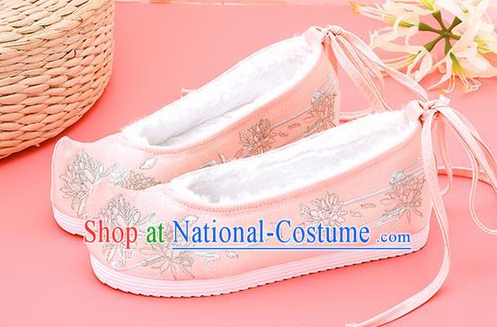 Asian Chinese Winter Light Pink Bow Shoes Embroidered Epiphyllum Shoes Traditional Opera Shoes Hanfu Shoes for Women