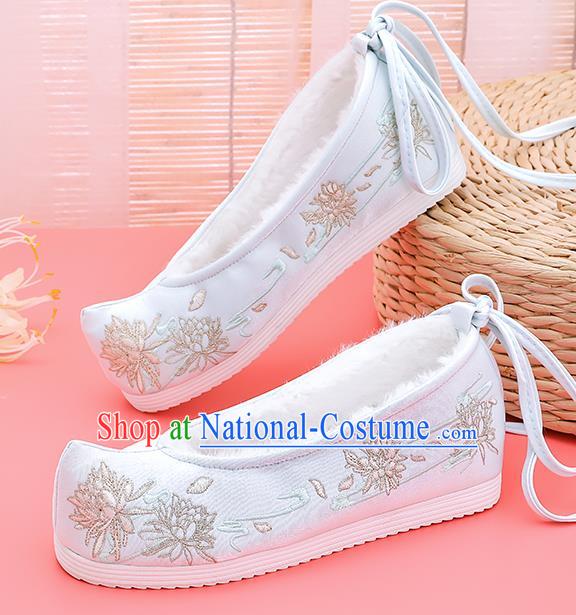 Asian Chinese Winter Light Blue Bow Shoes Embroidered Epiphyllum Shoes Traditional Opera Shoes Hanfu Shoes for Women