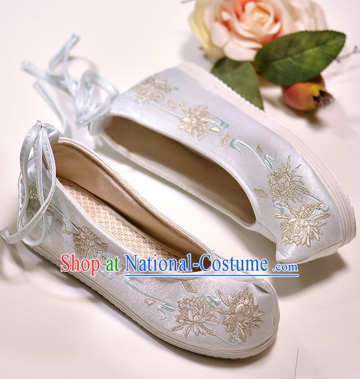 Asian Chinese Embroidered Epiphyllum Light Blue Satin Shoes Hanfu Shoes Traditional Opera Shoes Princess Shoes for Women