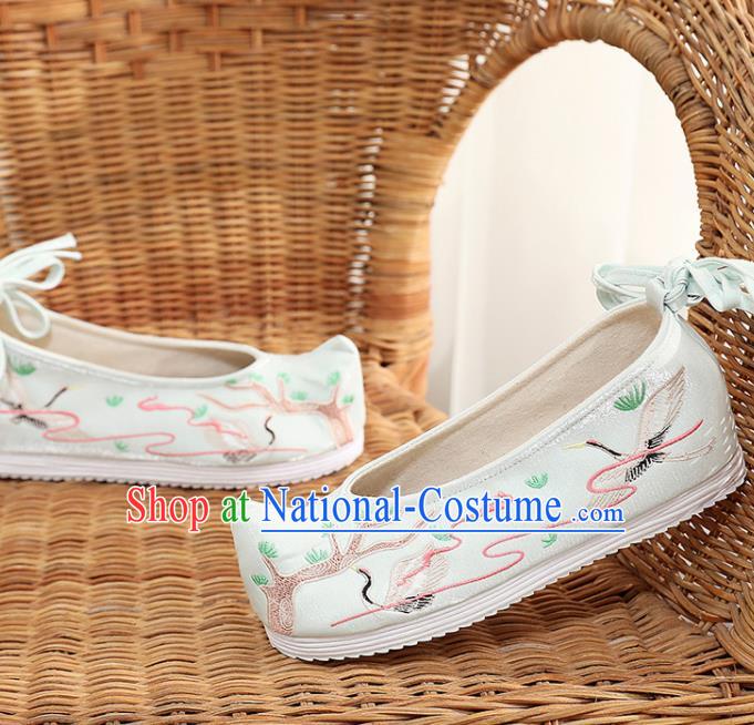 Asian Chinese Embroidered Pine Crane Blue Bow Shoes Hanfu Shoes Traditional Opera Shoes Princess Shoes for Women