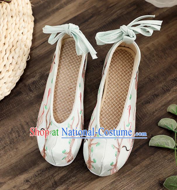 Asian Chinese Embroidered Pine Crane Blue Bow Shoes Hanfu Shoes Traditional Opera Shoes Princess Shoes for Women