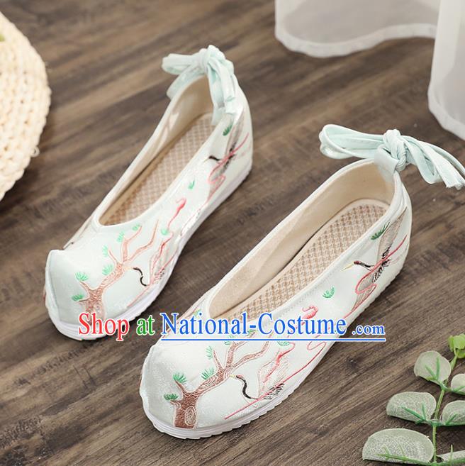 Asian Chinese Embroidered Pine Crane Blue Bow Shoes Hanfu Shoes Traditional Opera Shoes Princess Shoes for Women