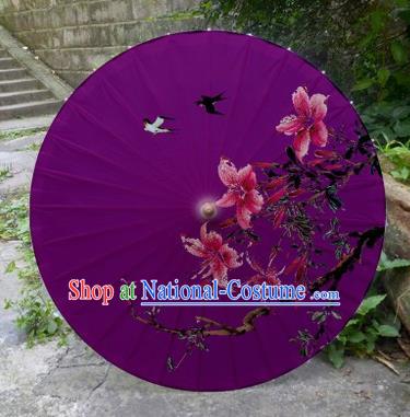 Chinese Printing Flowers Purple Oil Paper Umbrella Artware Paper Umbrella Traditional Classical Dance Umbrella Handmade Umbrellas