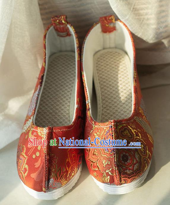 Asian Chinese Traditional Hanfu Orange Brocade Shoes Ancient Princess Shoes Handmade Shoes for Women