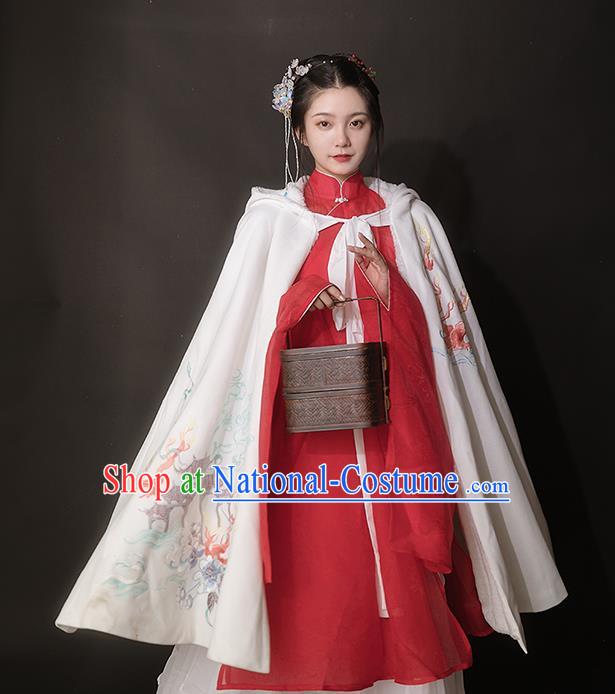 Chinese Ancient Hanfu Embroidered White Cloak Traditional Ming Dynasty Princess Costumes for Women