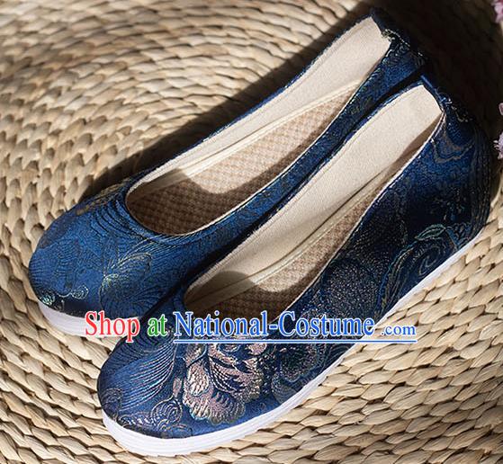 Asian Chinese Traditional Hanfu Royalblue Brocade Shoes Ancient Princess Shoes Handmade Shoes for Women