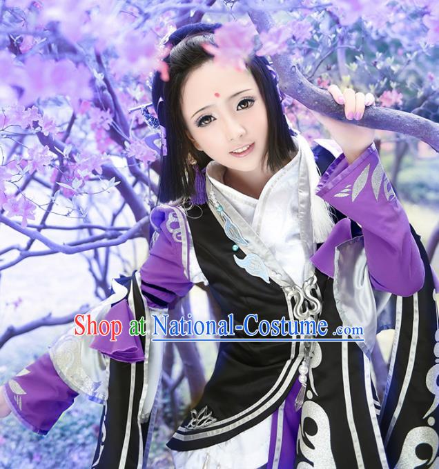 Chinese Traditional Cosplay Swordswoman Purple Costumes Ancient Female Knight Hanfu Dress for Women