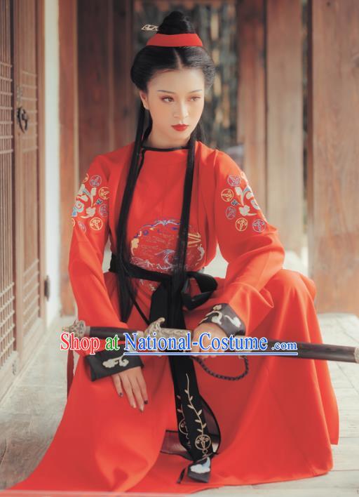 Chinese Traditional Tang Dynasty Swordswoman Costumes Ancient Female Knight Red Hanfu Dress for Women