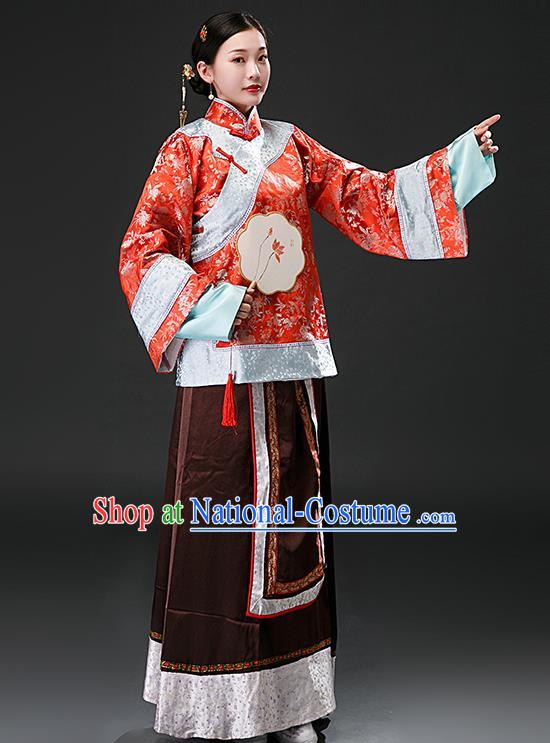 Chinese Ancient Qing Dynasty Nobility Concubine Red Blouse and Brown Skirt Traditional Patrician Mistress Costumes for Women