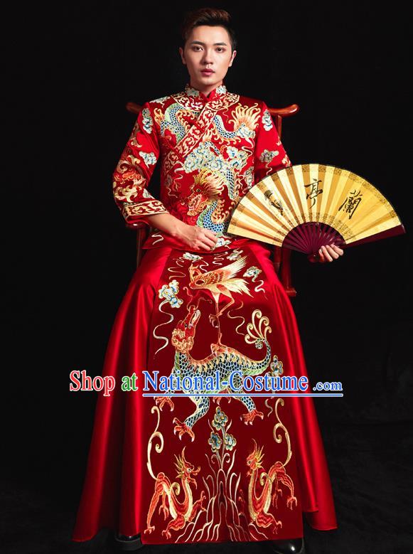 Chinese Ancient Bridegroom Embroidered Dragon Kylin Red Mandarin Jacket and Gown Traditional Wedding Tang Suit Costumes for Men