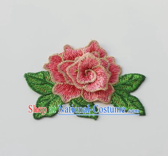 Chinese Traditional Pink Embroidery Peony Applique Embroidered Patches Embroidering Cloth Accessories