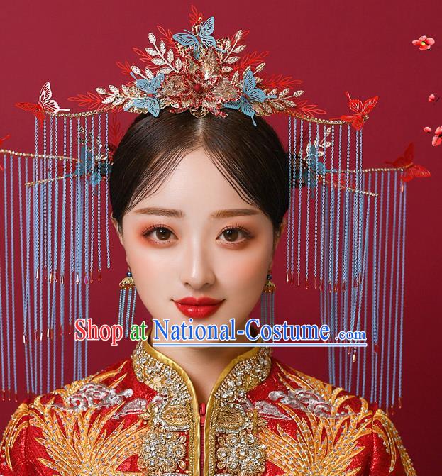 Chinese Ancient Bride Butterfly Phoenix Coronet Hairpins Traditional Wedding Xiu He Hair Accessories Complete Set for Women