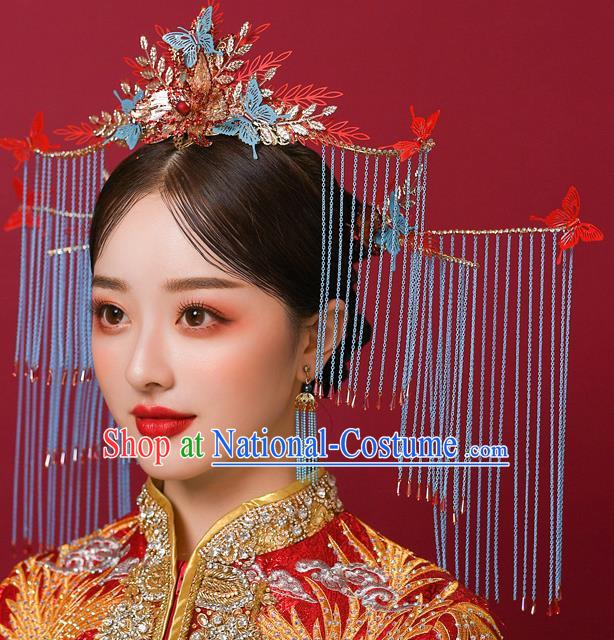 Chinese Ancient Bride Butterfly Phoenix Coronet Hairpins Traditional Wedding Xiu He Hair Accessories Complete Set for Women