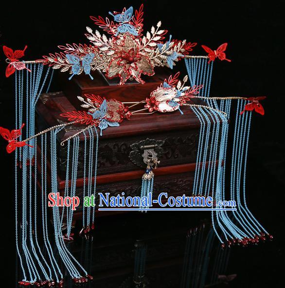 Chinese Ancient Bride Butterfly Phoenix Coronet Hairpins Traditional Wedding Xiu He Hair Accessories Complete Set for Women