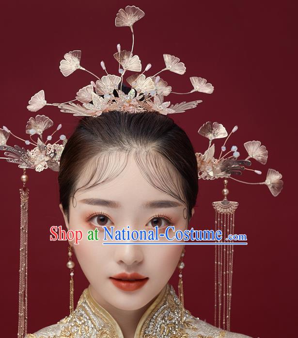 Chinese Ancient Bride Ginkgo Leaf Hair Crown Tassel Hairpins Traditional Wedding Xiu He Hair Accessories Complete Set for Women