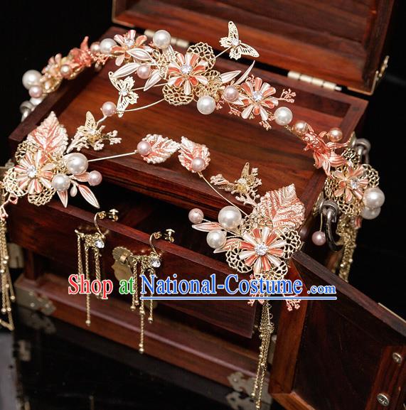 Chinese Ancient Bride Pink Leaf Hair Clasp Tassel Hairpins Traditional Wedding Xiu He Hair Accessories Complete Set for Women