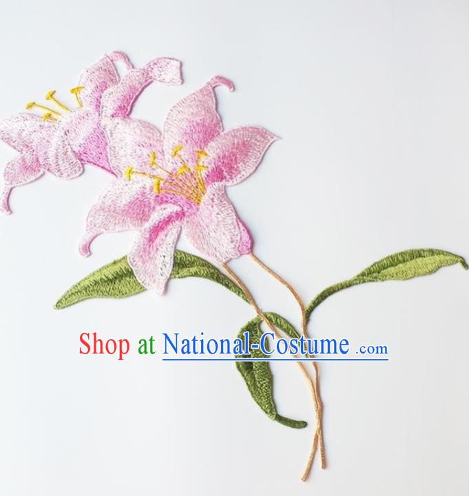 Traditional Chinese Embroidery Pink Lily Flower Applique Embroidered Patches Embroidering Cloth Accessories