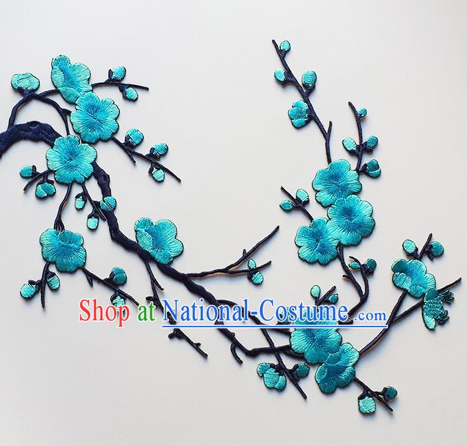 Traditional Chinese National Embroidery Lake Blue Plum Flowers Applique Embroidered Patches Embroidering Cloth Accessories