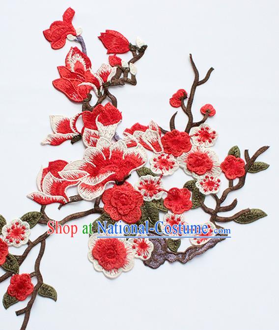 Traditional Chinese National Embroidery Red Plum Mangnolia Applique Embroidered Patches Embroidering Cloth Accessories