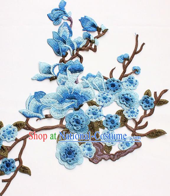 Traditional Chinese National Embroidery Blue Plum Mangnolia Applique Embroidered Patches Embroidering Cloth Accessories