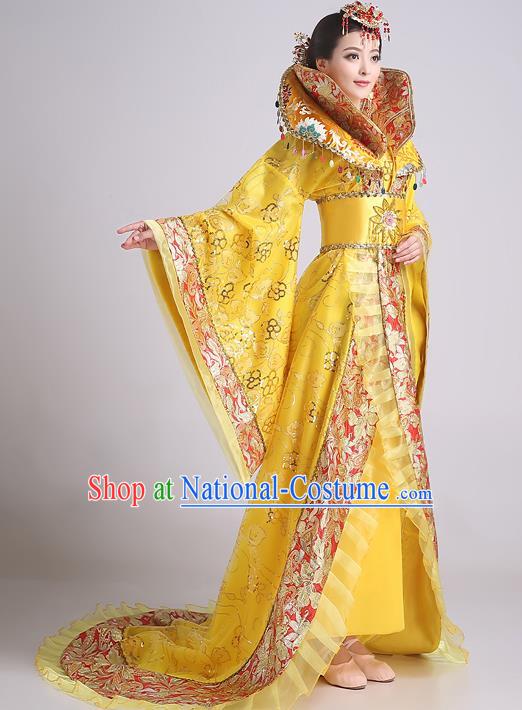 Chinese Ancient Tang Dynasty Imperial Consort Yellow Trailing Dress Traditional Hanfu Goddess Classical Dance Costumes for Women