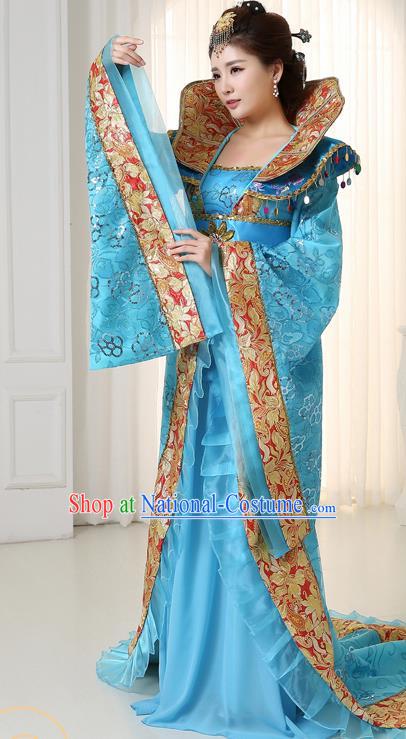 Chinese Ancient Tang Dynasty Imperial Consort Blue Trailing Dress Traditional Hanfu Goddess Classical Dance Costumes for Women