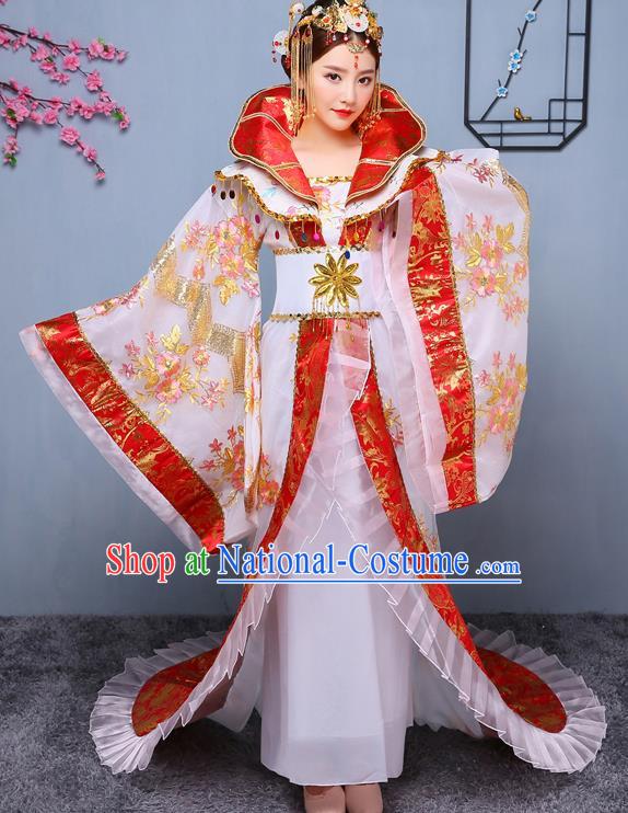 Chinese Ancient Tang Dynasty Imperial Consort White Trailing Dress Traditional Hanfu Goddess Classical Dance Costumes for Women