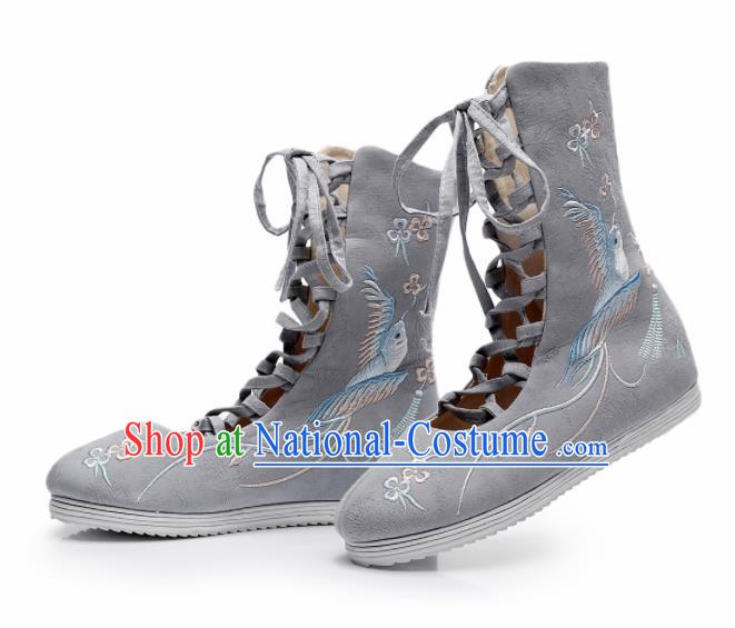 Chinese Handmade Embroidered Light Green Boots Traditional Hanfu Shoes National Shoes for Women