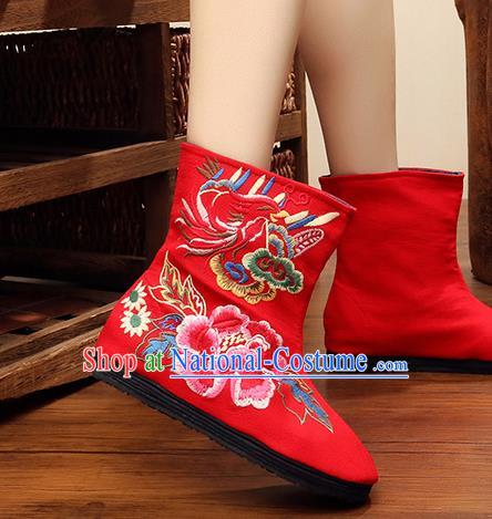 Chinese Handmade Embroidered Peony Red Boots Traditional Hanfu Shoes National Shoes for Women