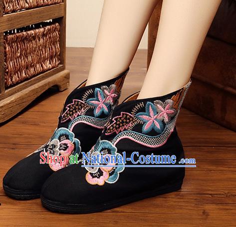 Chinese Handmade Embroidered Black Boots Traditional Hanfu Shoes National Shoes for Women