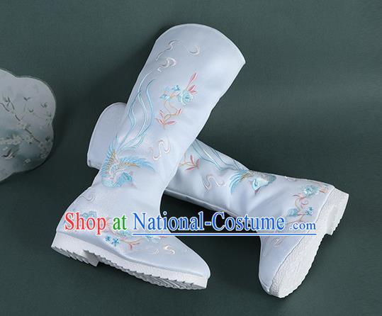 Chinese Handmade Winter Embroidered Blue High Boots Traditional Hanfu Shoes National Shoes for Women