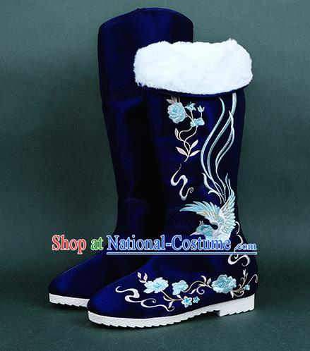 Chinese Handmade Winter Embroidered Royalblue High Boots Traditional Hanfu Shoes National Shoes for Women