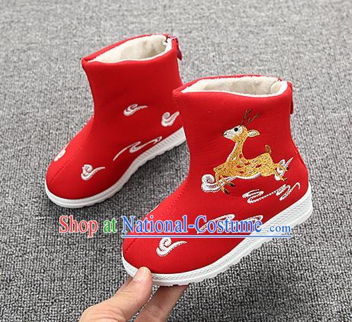 Chinese Handmade Winter Embroidered Deer Red Boots Traditional Hanfu Shoes National Shoes for Kids