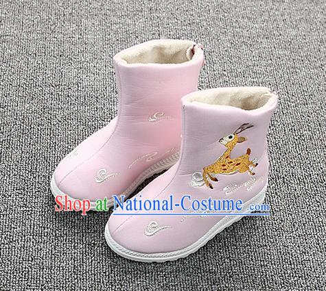 Chinese Handmade Winter Embroidered Deer Pink Boots Traditional Hanfu Shoes National Shoes for Kids