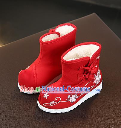 Chinese Handmade Winter Embroidered Red Boots Traditional Hanfu Shoes National Shoes for Kids