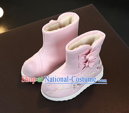 Chinese Handmade Winter Embroidered Pink Boots Traditional Hanfu Shoes National Shoes for Kids