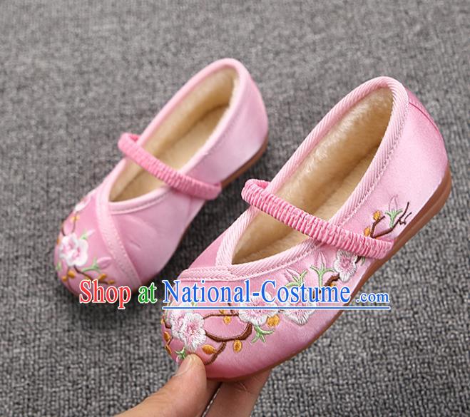 Chinese Handmade Embroidered Pink Satin Shoes Traditional Hanfu Shoes National Shoes for Kids