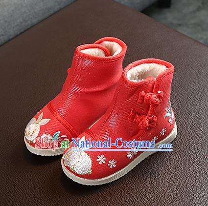 Chinese Handmade Winter Embroidered Red Boots Traditional Hanfu Shoes National Shoes for Kids