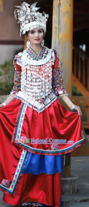 Chinese Traditional Miao Nationality Embroidered Red Dress and Headpiece Ethnic Folk Dance Costume for Women