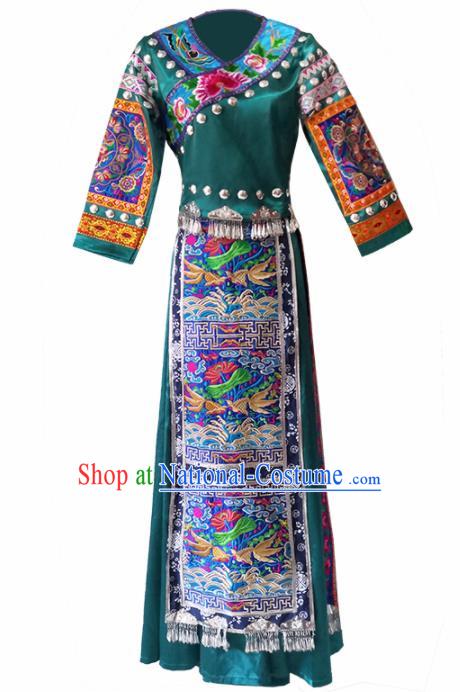 Chinese Traditional Tujia Nationality Wedding Embroidered Green Dress Ethnic Folk Dance Costume for Women