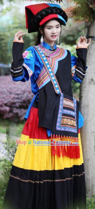 Chinese Traditional Yi Nationality Torch Festival Dress Ethnic Folk Dance Costume and Headpiece for Women