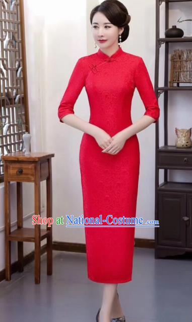 Chinese Traditional Qipao Dress Red Lace Cheongsam National Costumes for Women