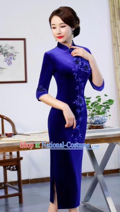 Chinese Traditional Qipao Dress Royalblue Velvet Cheongsam National Costumes for Women