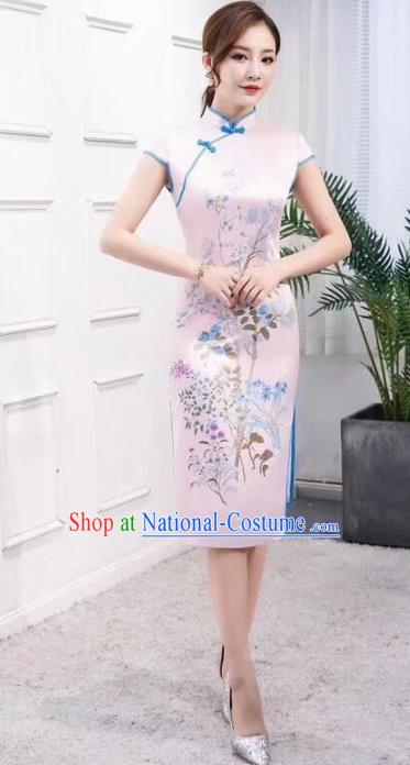 Chinese Traditional Qipao Dress Printing Light Pink Cheongsam National Costumes for Women