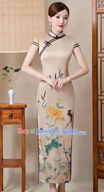 Chinese Traditional Qipao Dress Printing Khaki Cheongsam National Costume for Women