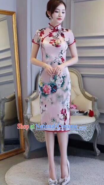 Chinese Traditional Short Qipao Dress Printing Pink Cheongsam National Costume for Women