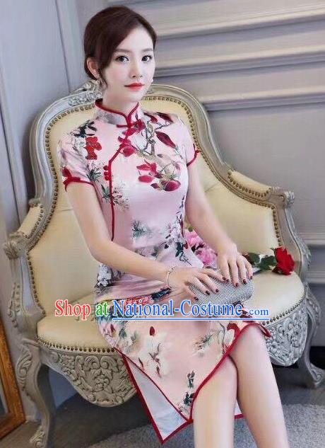 Chinese Traditional Short Qipao Dress Printing Pink Cheongsam National Costume for Women